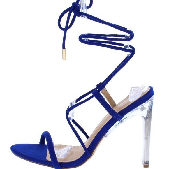 🆕Royal Blue Strappy Lucite Heel Tie-up Sandals - Picture 3 of 4